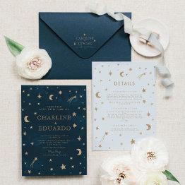 Small Navy Celestial Gold Stars Moon Elegant Wedding Invitation Front View