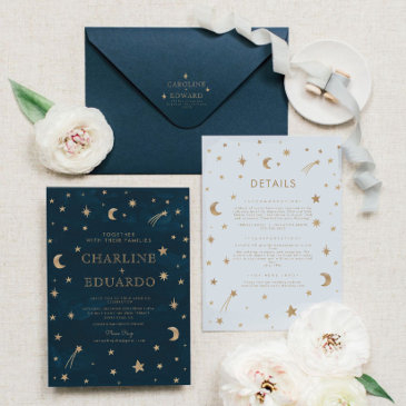 navy celestial gold stars moon elegant wedding invitation