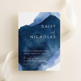 Small Navy Dusty Blue Ocean Watercolor Wedding Invitation Front View