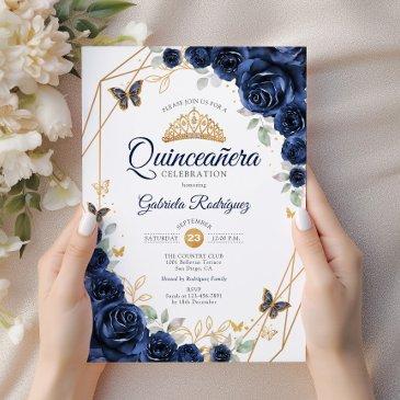 navy gold floral quinceanera invitation