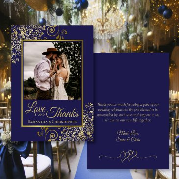 navy & gold love & thanks photo & note wedding thank you invitations