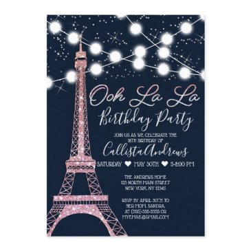 navy paris eiffel tower glitter lights birthday invitation