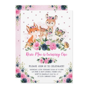 navy pink floral woodland forest animals birthday invitation