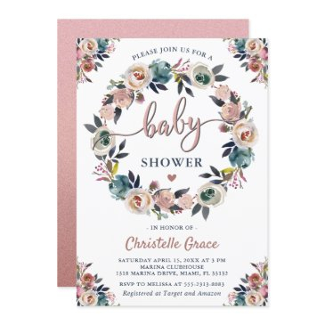 navy pink floral wreath gender neutral baby shower invitation