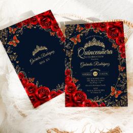 Small Navy Red Gold Quinceanera Invitation Front View