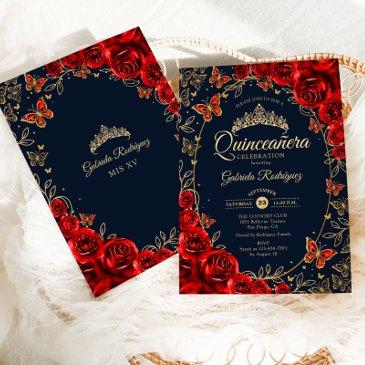 navy red gold quinceanera invitation