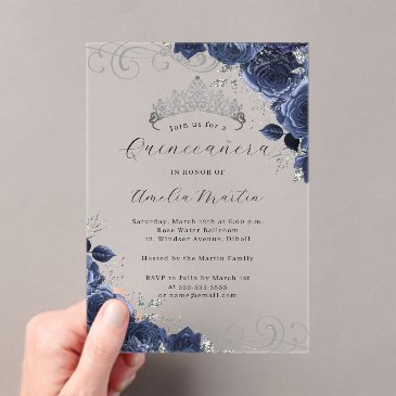 navy silver clear acrylic floral quinceanera acrylic invitations