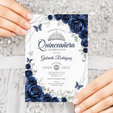 navy silver floral quinceanera invitation