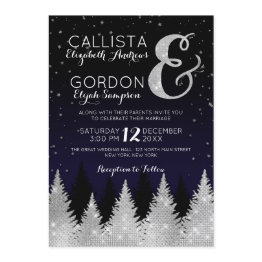 Small Navy Silver Glitter Tree Winter Wonderland Wedding Invitation Front View