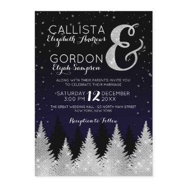 navy silver glitter tree winter wonderland wedding invitation