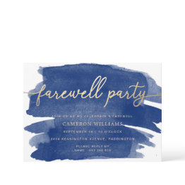 Small Navy Watercolour Gold Farewell Party Invitation Front View