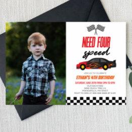 Small Need Four Race Car 4th Picture Birthday Party Invitation Front View
