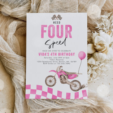 need four speed dirt bike girl 4th birthday party invitation