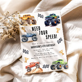 Small Need Four Speed Monster Trucks 4th Birthday Party Invitation Front View