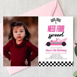 Small Need Four Speed Pink Race Car 4th Birthday Party Invitation Front View