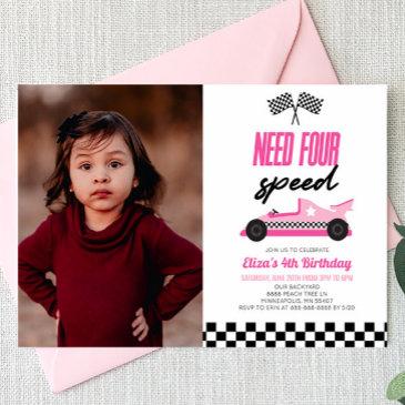 need four speed pink race car 4th birthday party invitation