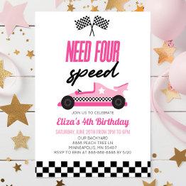 Small Need Four Speed Pink Race Car 4th Birthday Party Invitation Front View