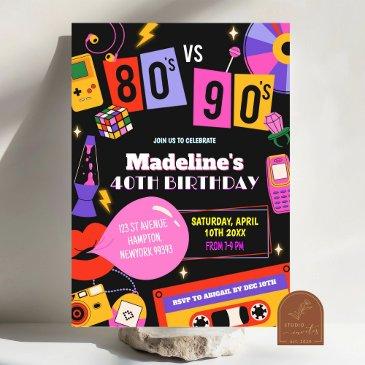 neon 80s vs 90s retro disco mixtape birthday party invitation