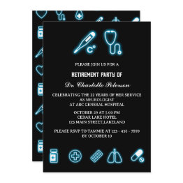 Small Neon Blue Medical Element Doctor Retirement Party Invitation Front View