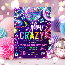 Small Neon Glow Crazy Disco Dance Birthday Party Invitation Front View