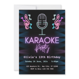 Small Neon Glow Karaoke Birthday Party Invitation Front View