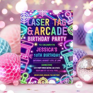 neon glow laser tag and arcade birthday party invitation