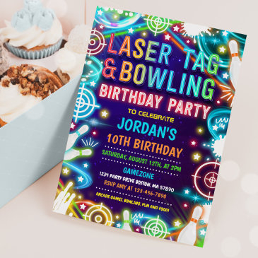 neon glow laser tag and bowling birthday party invitation