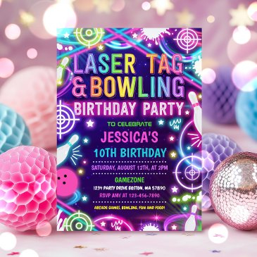 neon glow laser tag and bowling birthday party invitation