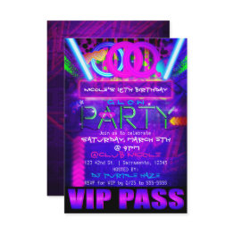 Small Neon Glow Party Birthday Vip Pass Club Invitations Front View