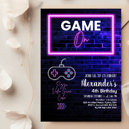Small Neon Glow Retro Arcade Gaming Birthday Party Invitation Front View