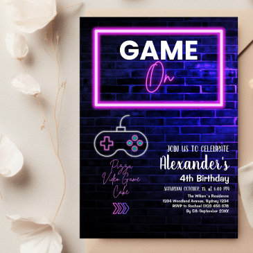 neon glow retro arcade gaming birthday party invitation