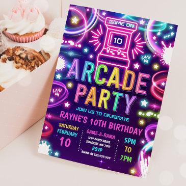 neon glow retro arcade gaming birthday party invitation
