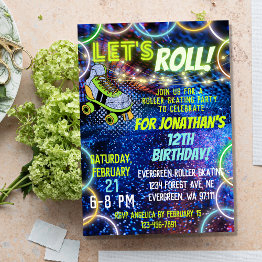 Small Neon Green Blue Boy Lets Roll Roller Skating Party Invitation Front View