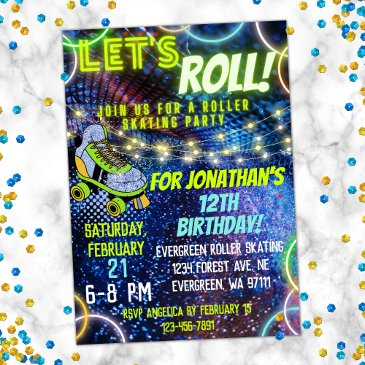 neon green blue boy lets roll roller skating party invitation