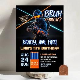 Small Neon Nerf Battle Dart Gun Game Birthday Boy Invitation Front View