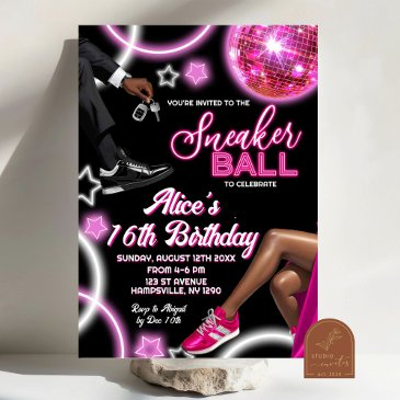 neon pink sneaker ball and disco ball birthday invitation