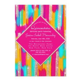 Small Neon Pink Teal Gold Glitter Paint Quinceañera Invitation Front View