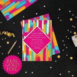 Small Neon Pink Teal Yellow Gold Glitter Paint Sweet 16 Foil Invitation Front View