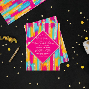 neon pink teal yellow gold glitter paint sweet 16 invitation