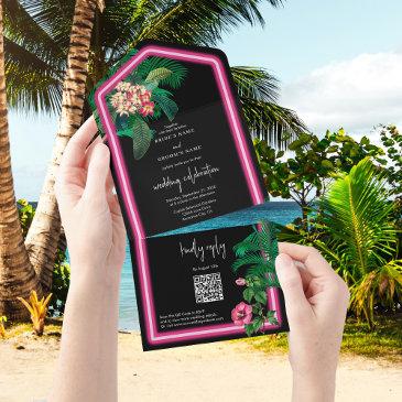 neon pink tropical retro botanicals wedding all in one invitation