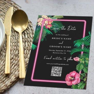 neon pink tropical retro botanicals wedding save the date