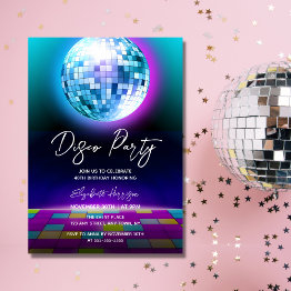 Small Neon Retro Disco Party Dance Night Birthday Invitation Front View