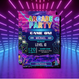 Small Neon Retro Video Arcade Gaming Birthday Party Invitation Front View