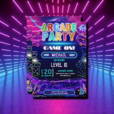 neon retro video arcade gaming birthday party invitation