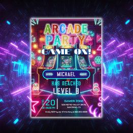 Small Neon Retro Video Arcade Gaming Birthday Party Invitation Front View
