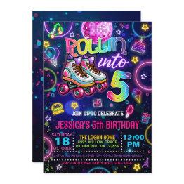 Small Neon Roller Skate 5th Birthday Invitation Front View