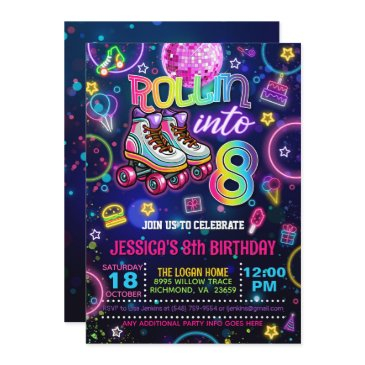 neon roller skate 8th birthday invitation