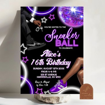 neon silver purple sneaker ball disco birthday invitation