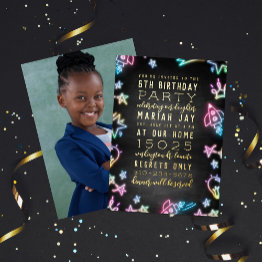 Small Neon Space Doodles Kids Birthday Party Foil Invitation Front View