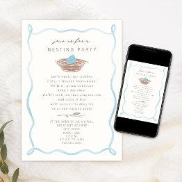 Small Nesting Party Poem Baby Blue Egg Doodle Invitation Front View